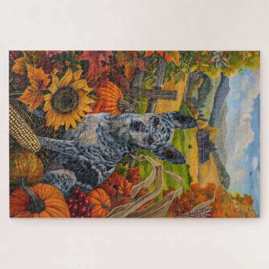 Puzzle Blue Heeler Chien Moisson d'automne Thankgiving (Horizontal)