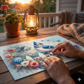 Puzzle Blue Jay Cottage Garden Fence Scene