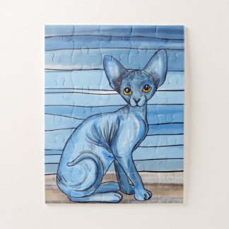 Puzzle Blue Watercolor Sphynx Cat