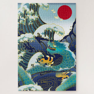 Puzzle Blue Waves Green Dragon Red Sun