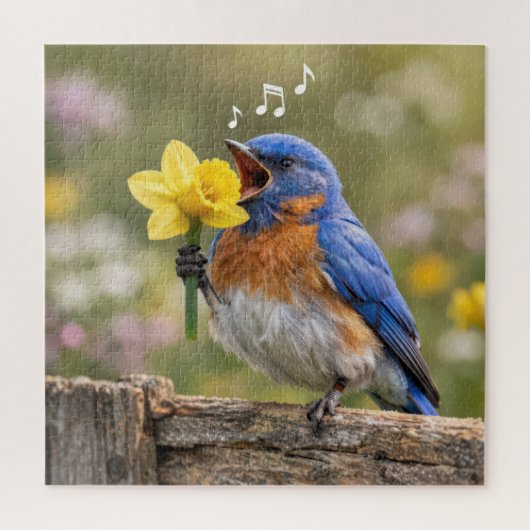 Puzzle Bluebird Singing Into a Yellow Daffodil (Vertical)