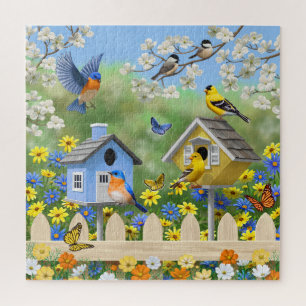 Puzzle Bluebirds Goldfinches Birdhouses Jardin aux fleurs