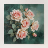 Puzzle Blush Rose Elegance on Deep Jade (Horizontal)