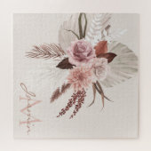 Puzzle Boho Pampas Rose Grass Fleurs séchées Monogramme (Horizontal)