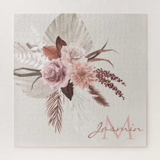 Puzzle Boho Pampas Rose Grass Fleurs séchées Monogramme (Vertical)