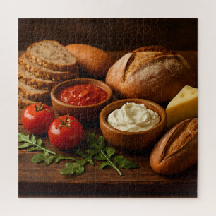 Puzzle Bois rustique avec fromage artisanal pains
