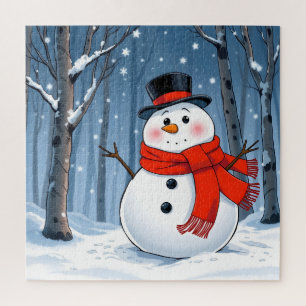 Puzzle Bonhomme de neige dans une forêt froide avec une é