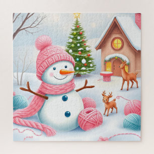 Puzzle Bonhomme de neige festif avec cerfs dans un pays d