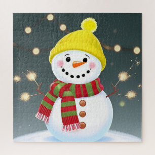 Puzzle Bonhomme de neige heureux avec des cierges magique