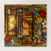 Puzzle Book and Sleeping Cat Lovers Faux Stain Glass (Horizontal)