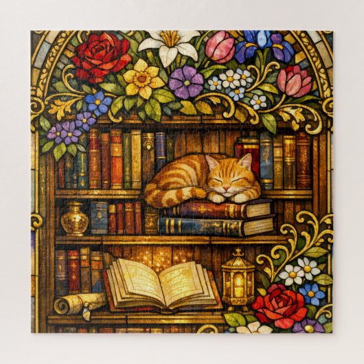 Puzzle Book and Sleeping Cat Lovers Faux Stain Glass (Vertical)