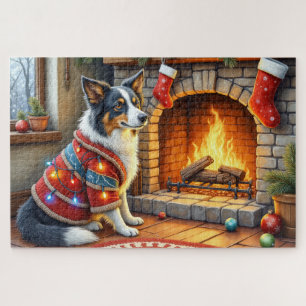 Puzzle Border Collie Cheminée avec Lumières de Noël