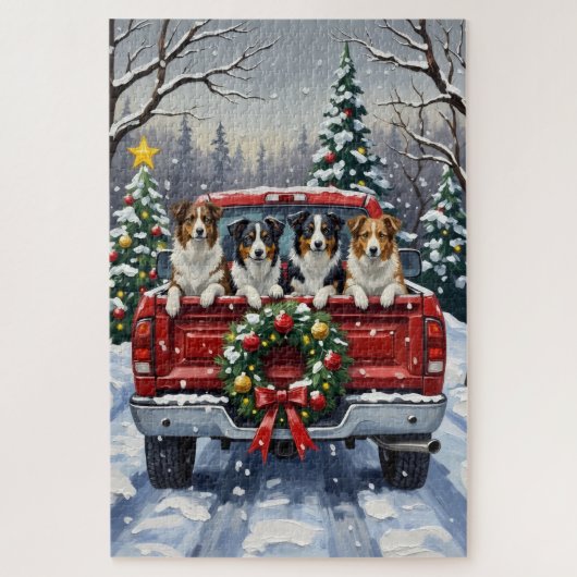 Puzzle Border Collie Christmas Red Truck Holiday (Vertical)