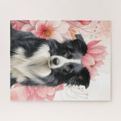 Puzzle Border Collie Dog and Bold Pink Lilies (Horizontal)