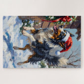 Puzzle Border Collie Mid-Air Christmas Bow Catch Hat (Horizontal)