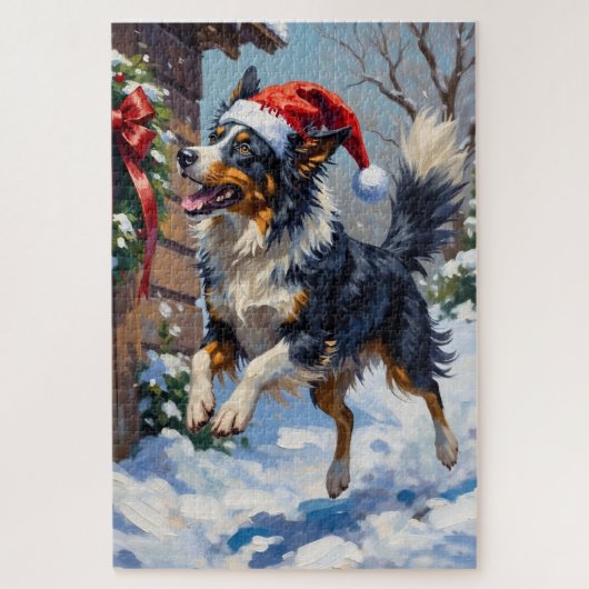 Puzzle Border Collie Mid-Air Christmas Bow Catch Hat (Vertical)