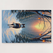 Puzzle Border Collie Snowy Forest Walk Holiday Painting (Horizontal)