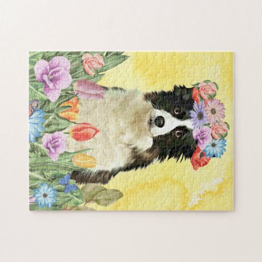 Puzzle Bordure Collie Chien avec Fleurs Printemps (Horizontal)