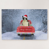 Puzzle Bordure Collie Chien dans Neige assis à Noël (Horizontal)