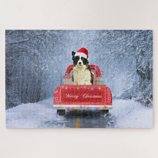 Puzzle Bordure Collie Chien dans Neige assis à Noël (Horizontal)