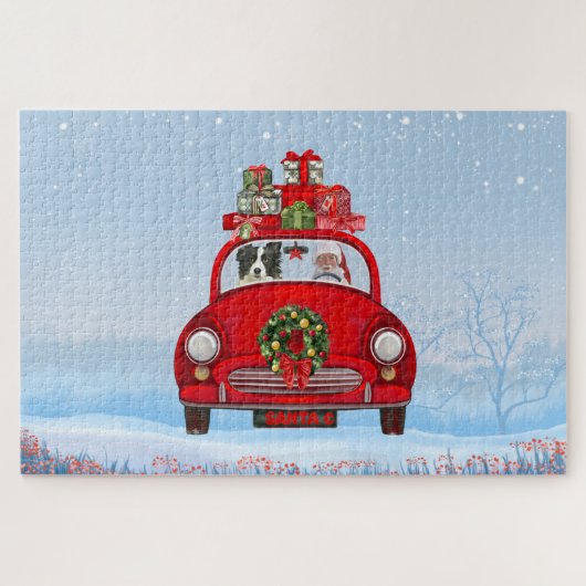 Puzzle Bordure Collie Chien En Voiture Avec Le Père Noël (Horizontal)