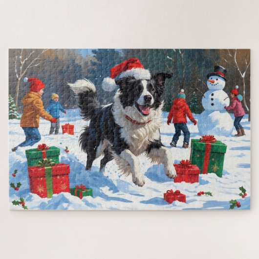 Puzzle Bordure Collie Noël Festive Scène de neige (Horizontal)