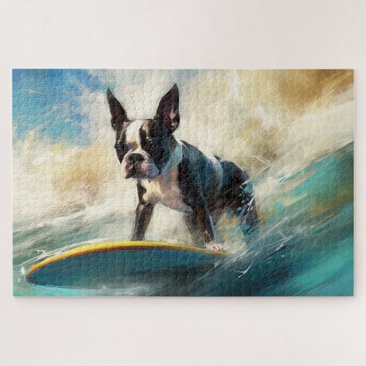 Puzzle Boston Terrier Beach Surfing Peinture (Horizontal)