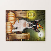 Puzzle Boston Terrier Chien avec sorcière Casquette Hallo (Horizontal)