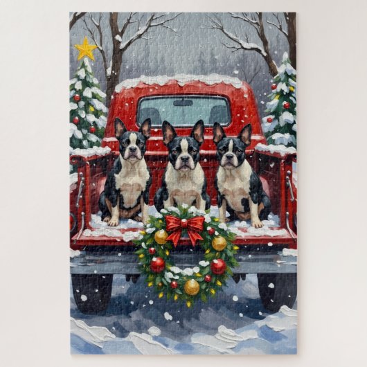 Puzzle Boston Terrier Christmas Red Truck Holiday (Vertical)