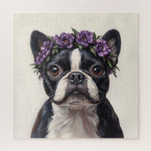 Puzzle Boston Terrier dans une couronne de fleurs violett