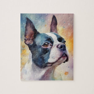Puzzle Boston Terrier Digital Watercolor Portrait Chien 1