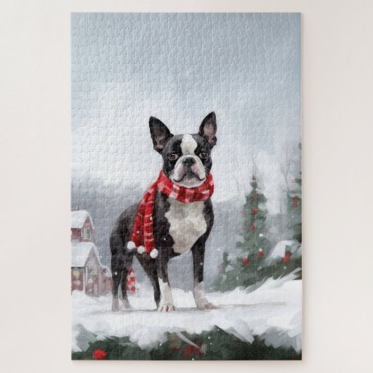 Puzzle Boston Terrier Dog in Snow Christmas  (Vertical)