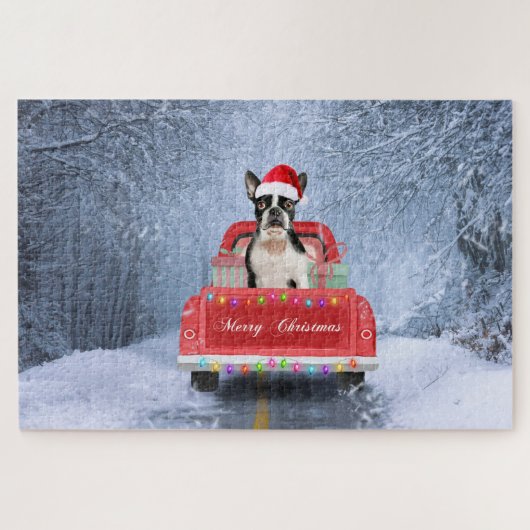 Puzzle Boston Terrier Dog Neige assis sur le camion de No (Horizontal)