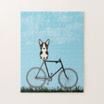 Puzzle Boston Terrier Dog Sitting on Vintage Bicycle<br><div class="desc">Puzzle featuring an adorable Boston Terrier sitting on an old-fashioned bicycle on a blue summer day.</div>