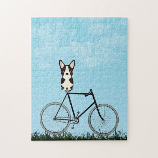 Puzzle Boston Terrier Dog Sitting on Vintage Bicycle (Vertical)