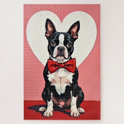 Puzzle Boston Terrier Dog Valentine's Day Crimson Bow (Vertical)