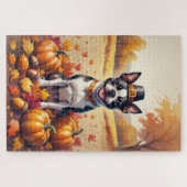 Puzzle Boston Terrier En Automne Quitte L'Art Thanksgivin (Horizontal)