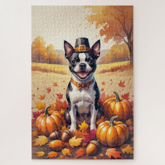 Puzzle Boston Terrier En Automne Quitte L'Art Thanksgivin (Vertical)
