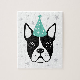 Puzzle Boston terrier with party hat and stars