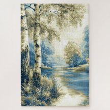 Bouleaux au bord de la rivière, paysage stylisé