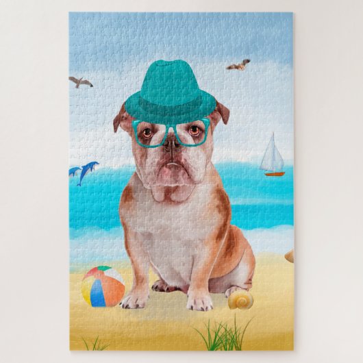 Puzzle Bouledogue anglais sur la plage (Vertical)