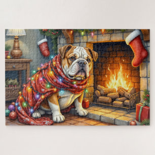 Puzzle Bouledogue assis près de la cheminée avec des lumi