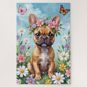 Puzzle Bouledogue Français Couronne de Fleurs Printanière