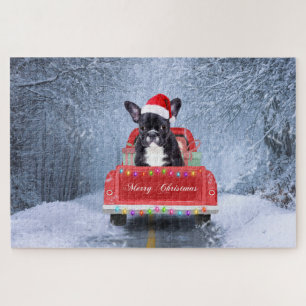 Puzzle Bouledogue français dans la neige assis dans un ca