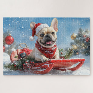 Puzzle Bouledogue français en traîneau Laissez neige Noël