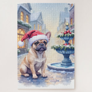 Puzzle Bouledogue français Fontaine de la ville enneigée
