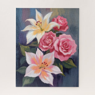 Puzzle Bouquet de roses roses et lys blancs floral aquare