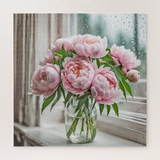 Puzzle Bouquet Peony rose par une fenêtre pluvieuse (Vertical)