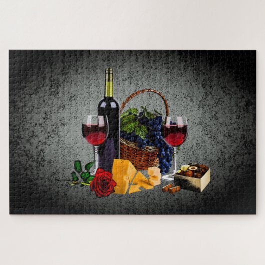 Puzzle Bouteille/raisin/panier, fromage/chocolat, Argent (Horizontal)
