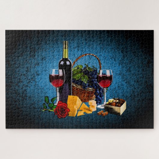 Puzzle Bouteille/raisin/panier, fromage, chocolat, Bleu (Horizontal)